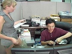 Office secretary babe takes on her boss with her nice wet pussy for some office sex tube video.
