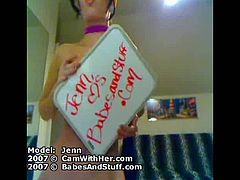 Jenn is a webcam model. She puts on a bright-pink lingerie and starts teasing with her sexy curves. She takes off her bra, but she doesn't show off her boobs.