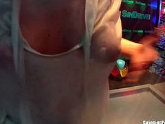 Lustful pornstars giving blowjob and getting fucked in public in a club. Watch as they are getting ready for some serious banging into their tight white pussies.