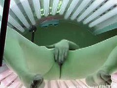 First hidden camera in solarium got its first victim of this slim sexy amateur babe just caught playing her pussy while tanning herself. Watch how she moan so soft carefully not getting caught.