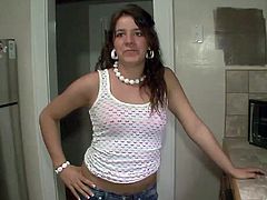 This horny amateur brunette gets a little horny rubbing her hot ass and her perfect natural tits while doing the dishes.