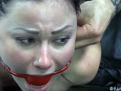This slut is tightly bound with rope. She is gagged, so she can't voice her displeasure. Her master will have his way with her. She is laid flat on the floor, as her tits press up against the cold wood. She winces, as the master prods at her genitals.