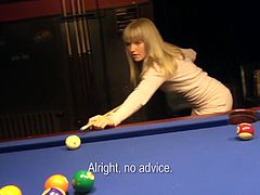 Petite blonde Bela is having fun with a guy after they play pool. Bela shows her natural tits to the dude, then takes his dick in her shaved coochie and they fuck in the cowgirl pose.