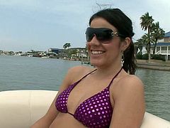 Lesbian babes with nipple and navel piercings outdoor on the yacht sucking on tits and showing off hot ass and tits in bikini