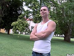A sexy gay guy with short blonde hair and a fantastic body enjoys a mind-blowing cock suck in public. See him cum right now!