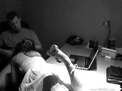 Couple caught on security cam having sex in office. Slut gives blowjob and gets screwed missionary and doggy style on desktop