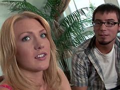 Slutty blonde Victoria Vonn gives a blowjob and a titjob to a guy. After that they have sex in the missionary and the cowgirl positions.