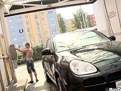 This dude doesn't only has a nice but dirty car, he has a nice and dirty mind too! Here he is, at a car was when he suddenly got all turned on seeing the worker naked and wet. Luckily he received a bonus and after the guy cleared his car, he cleared his dick of every drop of semen it had. Want to see it?