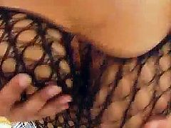 Mary shows us her big set of tits through a full body net. She rubs her big breasts and tiny pussy and covers herself in cream. What a hot scene.