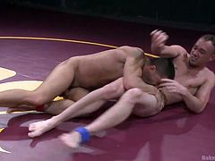 What's better than a good hard wrestling match, a good hard fuck of course! These men wrestle hard but the match is now over and once of them won and the other has to kneel. The winner enjoys his prize just as much the looser enjoys sucking cock on his knees and then eating ass.