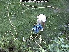 Check out this hot euro chick having fun in the garden. She took her boyfriend's cock from behind and he shot his jizzload on her sweet face!