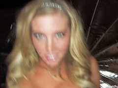Samantha Saint is great at talking dirty, keeping eye contact with the camera as she strips and shows her big juicy boobies and that hot trimmed pussy for you.