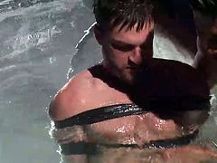 Take a look at this prick, he's tied in leather belts and submersed in a water tank. The water is cold and so is the heart of the executor that's punishing him merciless. The gay sex slave endures it all and the executor grabs him by the hair to take him out from the water for a breath and something special