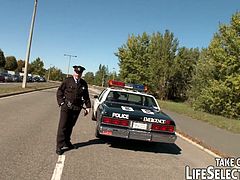 Two busty and lascivious cop girls love threesome with a guy