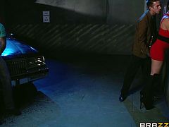 An angry cock notices sexy Shay in the parking lot and walks straight the slutty lady to teach her a lesson. The brunette busty bitch is wearing a red short dress and high heeled elegant boots. Click to watch the bitch with big breasts down on knees sucking a horny cock in the parking lot!