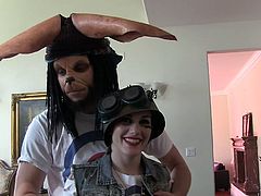 These fuck buddies are dressed up in some weird costumes and getting ready, to film a nasty sex scene. The guy is wearing a weird looking creature mask and big ears, while the cute girl is wearing a sexy army uniform and camo. They run around in the yard and rub against each other in the living room.