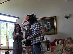 These fuck buddies are dressed up in some weird costumes and getting ready, to film a nasty sex scene. The guy is wearing a weird looking creature mask and big ears, while the cute girl is wearing a sexy army uniform and camo. They run around in the yard and rub against each other in the living room.