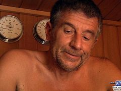 She is such a tease! This sexy young babe enters a sauna without any clothes on. An old man has been sitting there was surprised as she comes in in her naked glorious self. She seduces him with her words and gets her young pussy filled with an old dick.