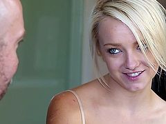 Blonde babe handles two cocks, first one at a time then two at a time for her final facial reward.