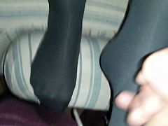 footjob and wanking over wife in grey tights