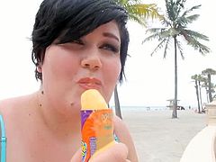 Serentiy Sinn is a fat slut who eats ice cream at the beach before she joins a dude in his hotel room and gets screwed. She is still hungry, so he feeds her his cock.
