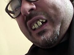 Padre Damian is an ugly, perverted priest. He forces a young girl to take his cock in her throat, cunt and butt hole. He also finishes in her mouth, grossing her out.