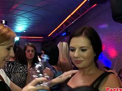 All these party girls are shameless. They play with dicks in public, at a club where they went to get some. The guys they play with are muscular and horny.