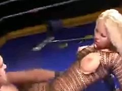 Pitiless brunette chic knock outs a blonde slut, who doesn't loose her time and immediately proceed to give a head to a judge, who later fucks her doggy and cowgirl styles and finally jizzes into her mouth.
