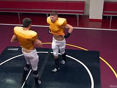 These gays are star football players and today, they are in the ring, and ready to wrestle. They strip out of their football uniforms into tiny, skimpy undergarments. They roll around in the ring and try to pin each other. Watch their cocks flop, as they fight.