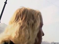 Voluptuous amateur blonde invites us to go to a secluded place in the public and film her as she removes her pants and starts mashing her big tits and fondling her pussy.