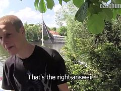 Czech Hunter brings you very intense free porn video where you can see how this Czech twink sucks a hard rod of meat outdoors while assuming very hot positions.