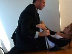 Luciana Heger is with this businessman for a business meeting at the office and he can't resist this girl's sexual attraction prompting him to rip off her business clothes and fuck at the office table.