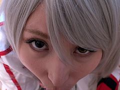 Are you an admirer of anime heroines? A naughty Japanese babe is dressed up in an interesting costume. Her long hair is dyed white and she wears a discreet makeup. Click to see the slutty bitch, playing dirty with a horny guy's cock. It's so obvious she loves to lick his dick and suck it...