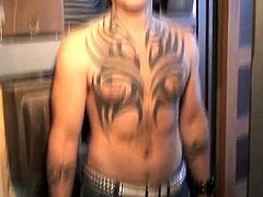 Joey T. is a classic rocker with longer hair and tribal tattoos on his arms and chest. He has a hairy chest and balls and he jerks off for the first time on cam.
