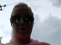 Blonde girl fucks outdoor and get cum on tits