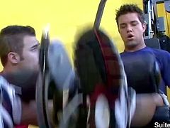 Sexual gay jocks Guy Parker and Jackson Wild licking and fucking their asses in the gym