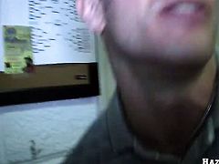 Angel faced woman gets a mouthful of cock in blowjob action with horny fellow
