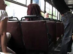 She has her boobs grabbed in public, but she doesn't mind. She is going to show how good she is at giving handjobs and blowjobs right on the bus. She is pounded from behind and sucks on his balls, as the fellow passengers look on.