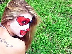 Picking up a lusty hitchhiker can be a thrilling exciting adventure, especially when the lady is dressed up and face painted like a clown. The naughty teen takes off her blue wig and shows her lovely long blonde hair and small tits. Click to see slutty Mikayla, sucking cock and getting fucked from behind...