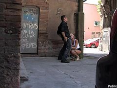 Nothing can stop this dominant guy to fuck slutty Leyla right on the streets of the town. The blonde-haired bitch has her hands tied with rope. Her ass seems to be of great interest for the horny angry guy, that start banging her hard from behind. Click to watch the exciting kinky details!