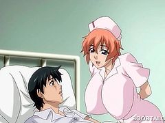 Huge titted hentai nurse sucking and riding hard cock in anime scene