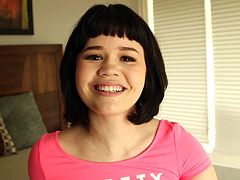 Are you fond of innocent naive teens? A short-haired brunette with small tits and nice ass, sensually removes her skirt, keeping only her pink panties on and t-shirt. She seems very excited and comes crawling towards the man with a big cock. You bet she finds it yummy and sucks it down to the balls...