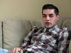 See this Latino getting naked for the first time in front of camera and he does it with style as he was laying chill on his couch and jerking it off slow to faster making him explode.