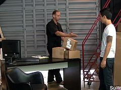 Very sexy gay workers Girth Brooks and Seth Knight sucking their cocks and fucking their hot butts