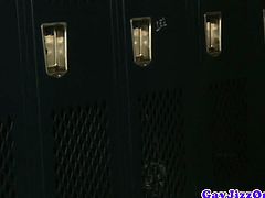 No less than five sportive hunks engage in a gang bang that happens in the locker room. After the anal pounding, the guys cum all over the bottom bitch's body.