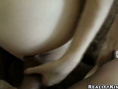 Blonde with giant breasts and smooth snatch is just a slut that masturbates a guy the way she can