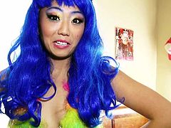 Miko's Asian charming features and open attitude make her extremely hot. She wears a blue wig, a colorful bra and makeup. The horny lady is craving for a hard cock to stuff in her lusty pussy. The bitch loves riding dick and sucking seems to be her hidden talent. Watch Miko banged sideways.