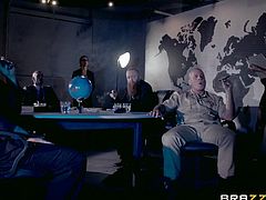 A slutty brunette dressed up elegantly for the important office meeting. As lights are turned off, she crawls under the table, until getting near a co-worker... Click to see the sensual babe showing him her wonderful big tits. The blowjob scene is extremely intense, so don't dare to miss the details!
