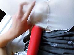 Vika fills the hole between her legs with dildo for the camera in solo action