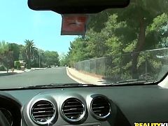 Perverted amateur brunette plays with driver's cock